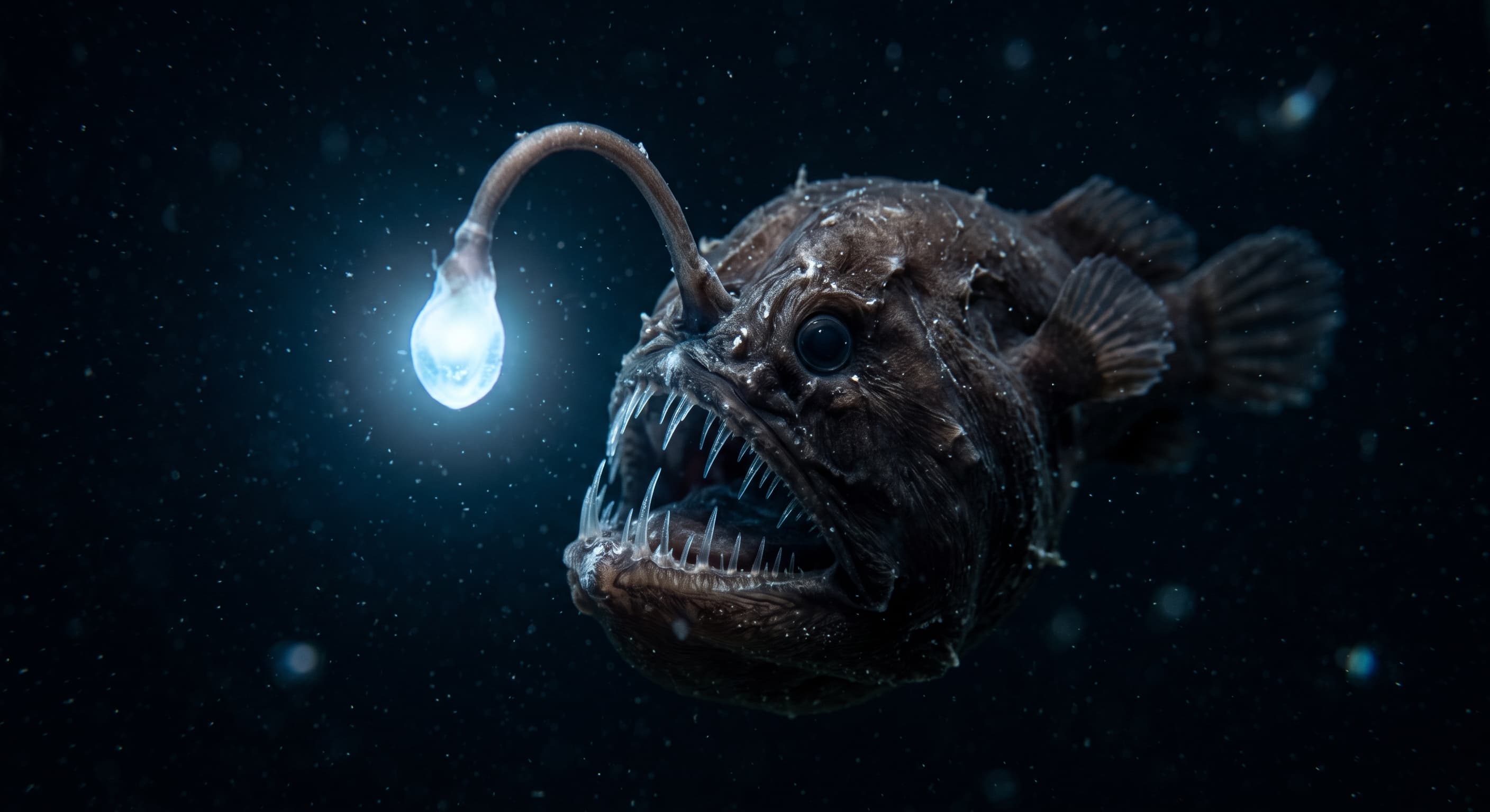 An anglerfish, lit only by its own bioluminescent lure