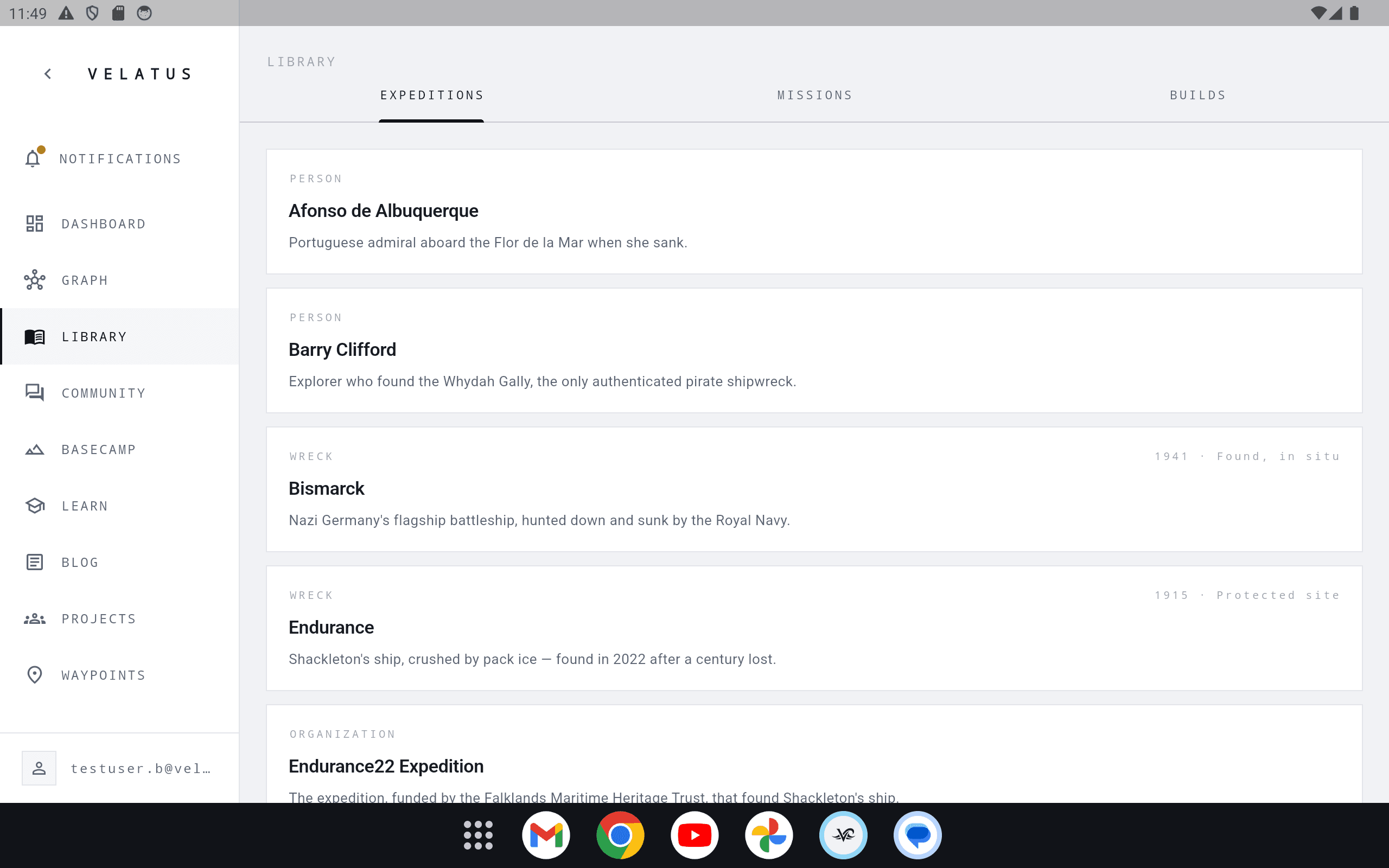 The app's Library screen, showing a real, Firestore-backed list of wrecks and people